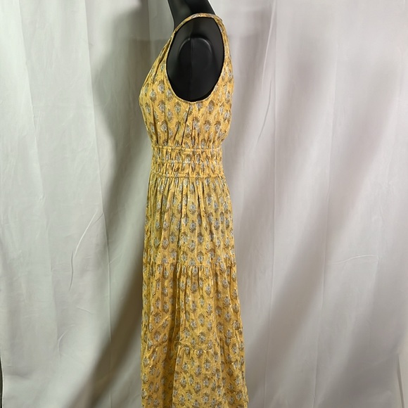 Maijin Yellow Metallic Gold Floral Print Sleeveless Smocked Waist Midi Dress - Picture 2 of 16
